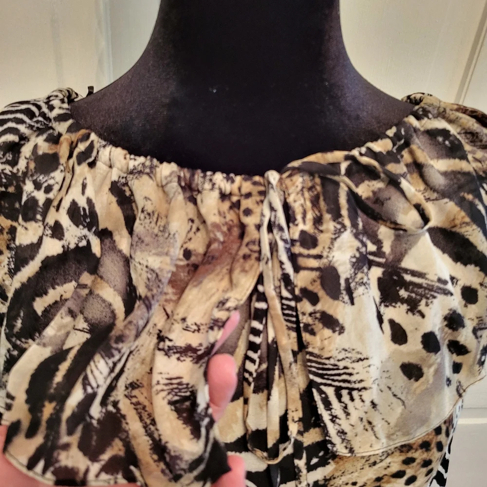 4/$19 Y2k Sheer Animal Print On/Off Shoulder Blouse Smocked Bottom Going Out - Picture 4 of 8